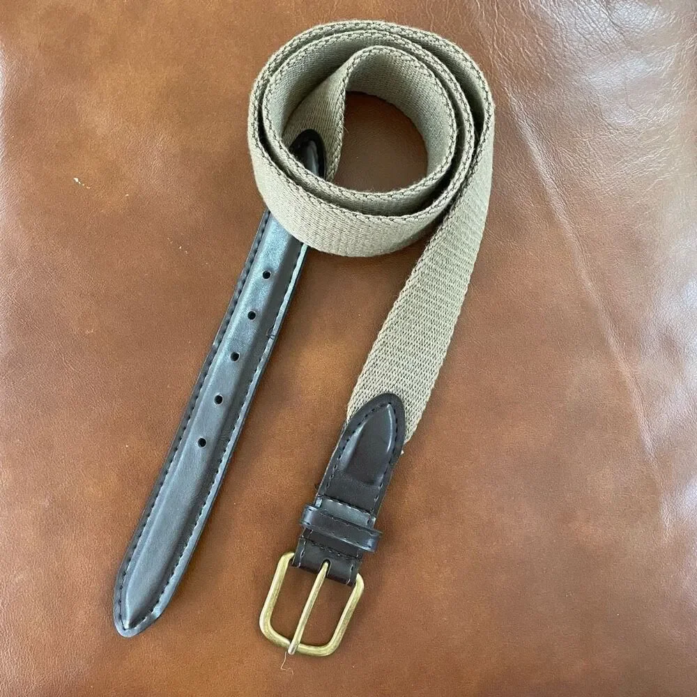 Vintage Khaki Tan Cotton Web Belt Dark Brown Faux Leather Gold Tone 36